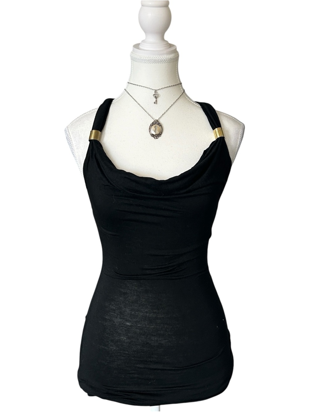 Y2K “Costa Blanca” Deadstock Black Draped Neckline Tank with Gold Hardware